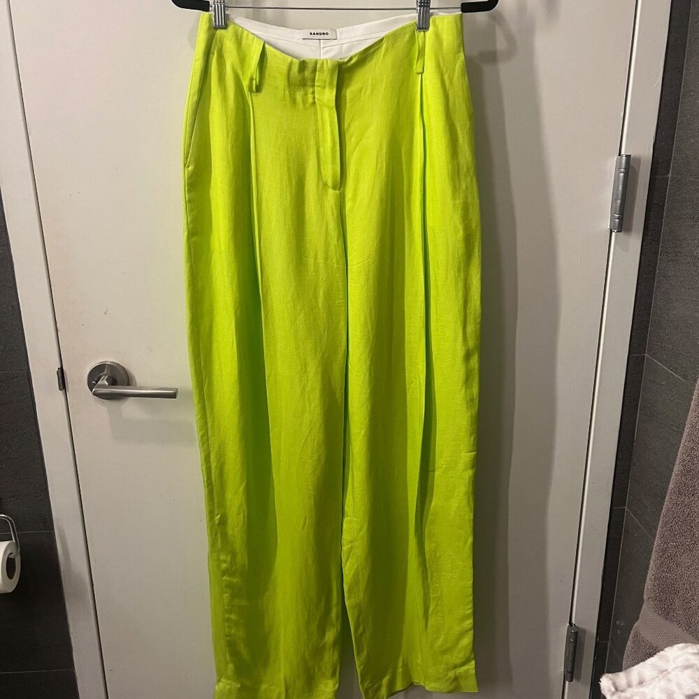 SANDRO PARIS Deauville Pleat Wide Leg High Waist Pants Lime Green Size 38 (6) - Picture 3 of 12
